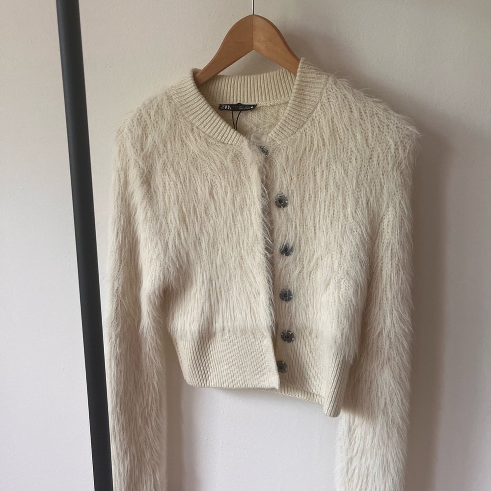 ZARA Faux fur Button-Up Cropped Cardigan